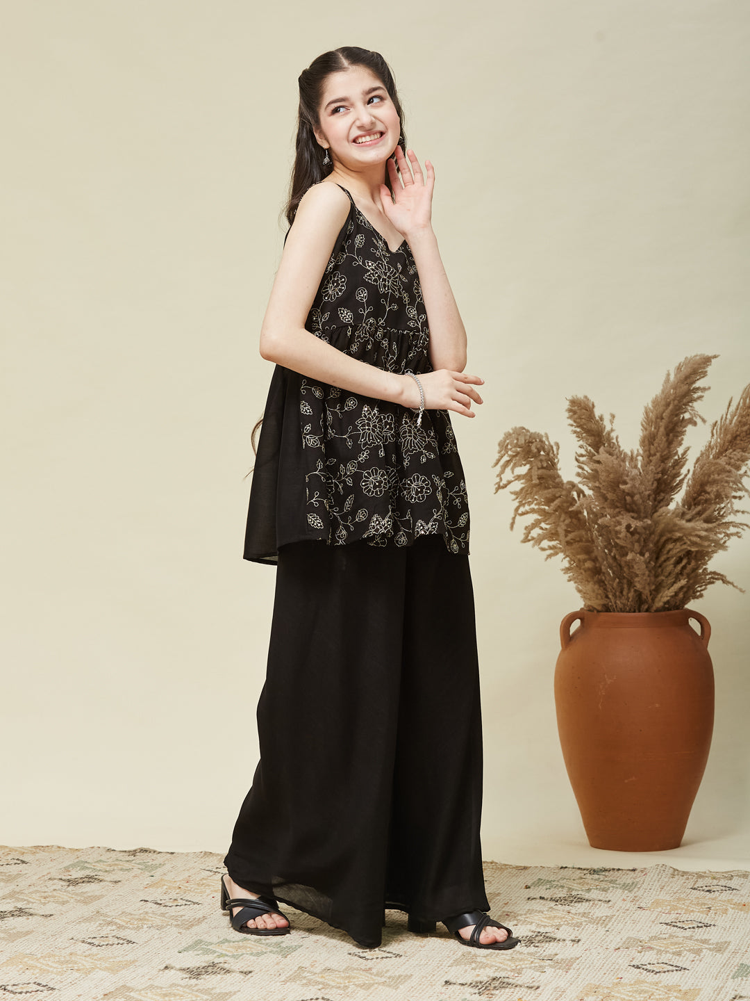 Girls Black Silk Embroidered Kurta Plazzo Set