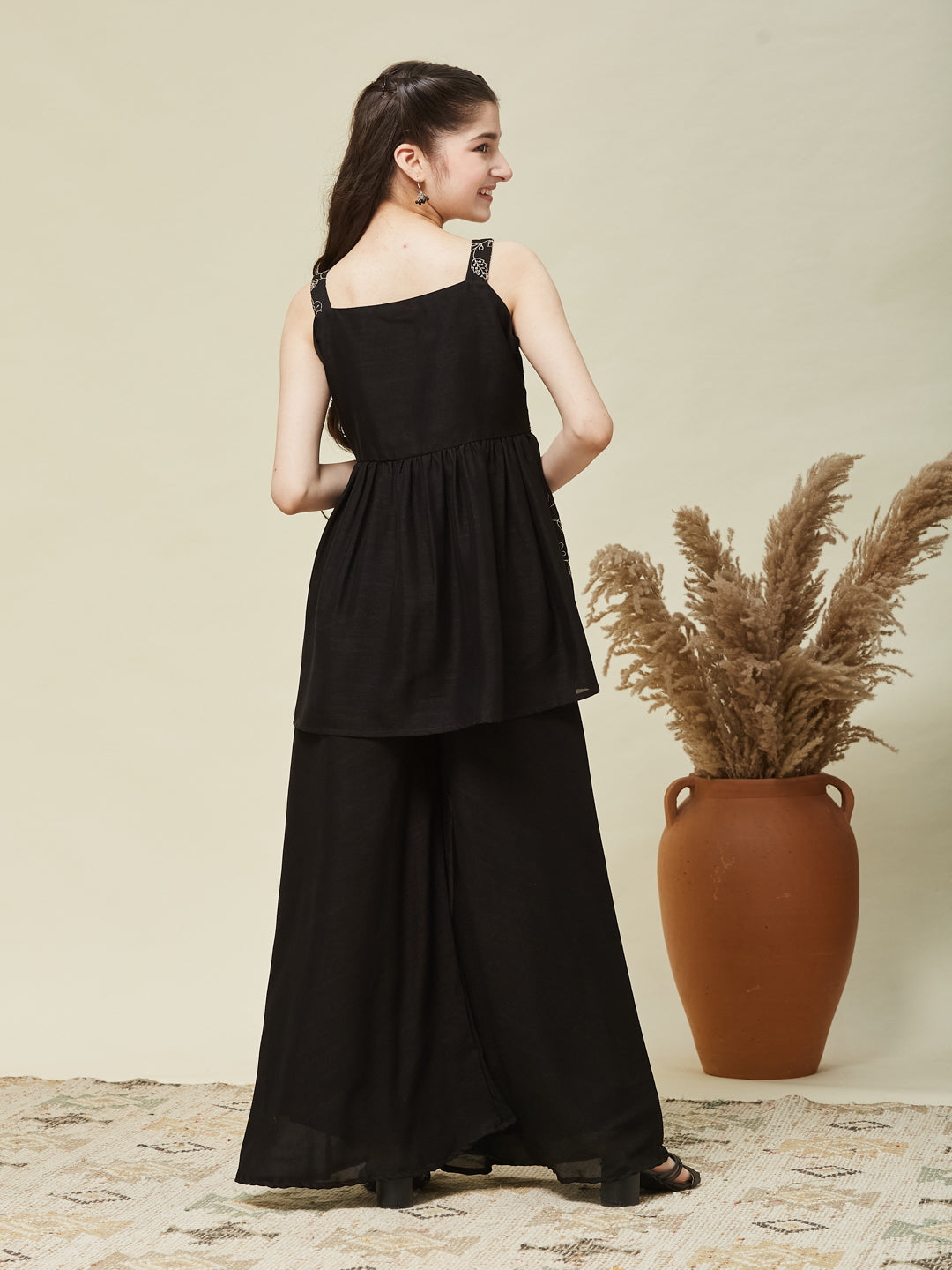 Girls Black Silk Embroidered Kurta Plazzo Set