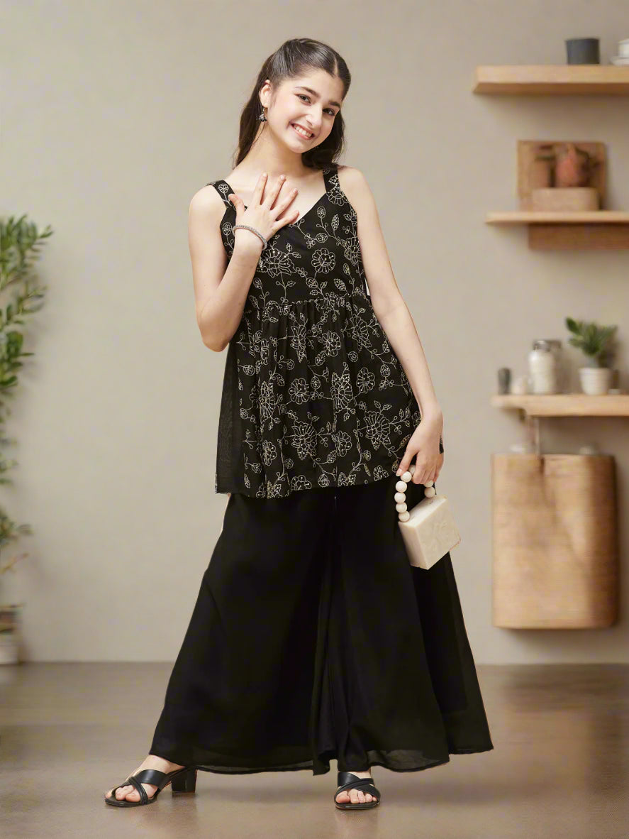 Girls Black Silk Embroidered Kurta Plazzo Set