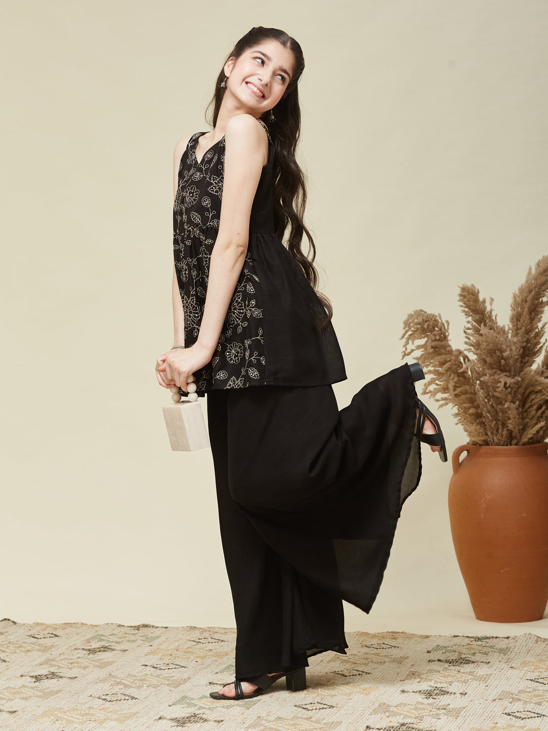 Girls Black Silk Embroidered Kurta Plazzo Set