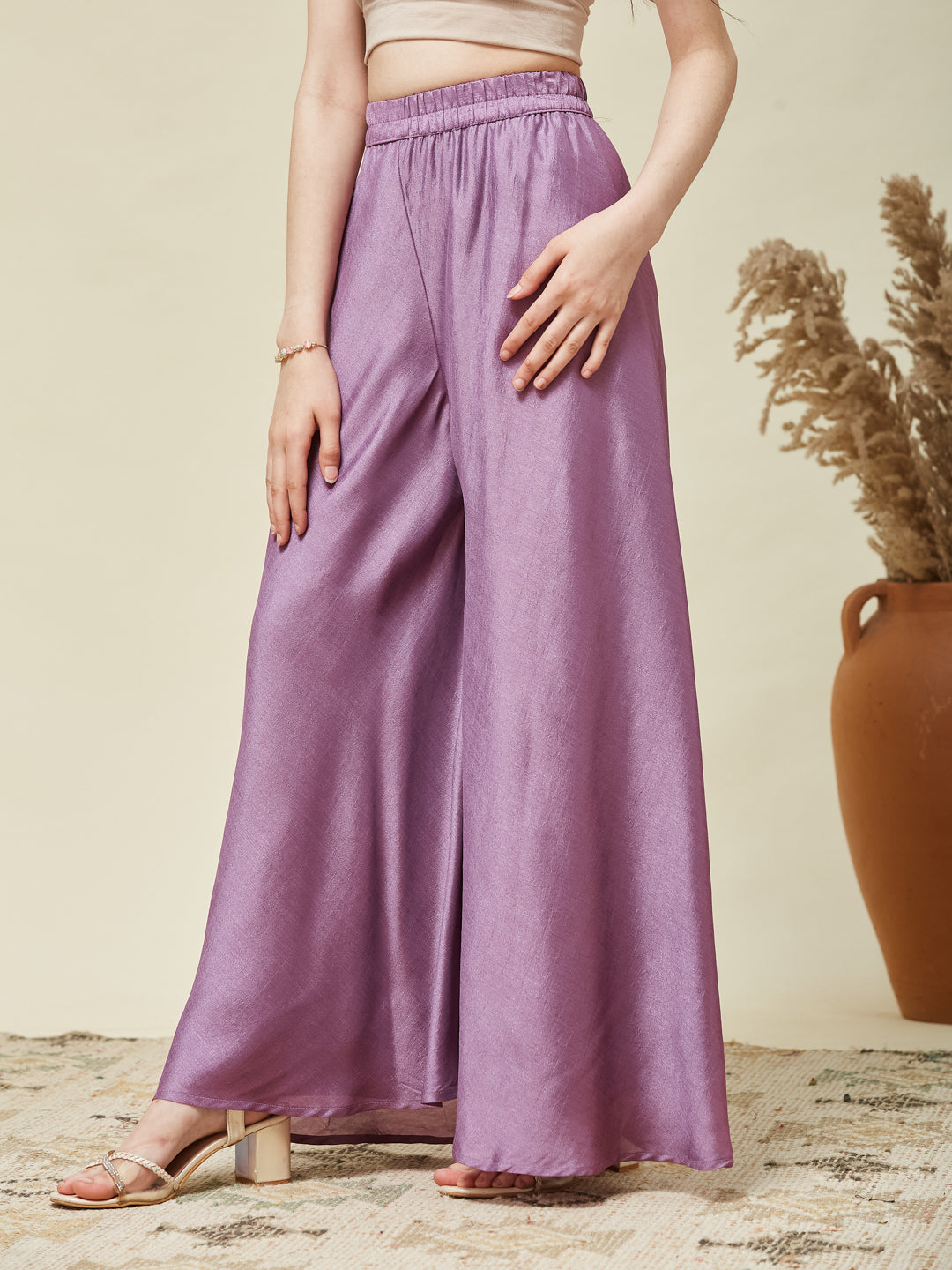 Girls Lavender Silk Embroidered Kurta Plazzo Set