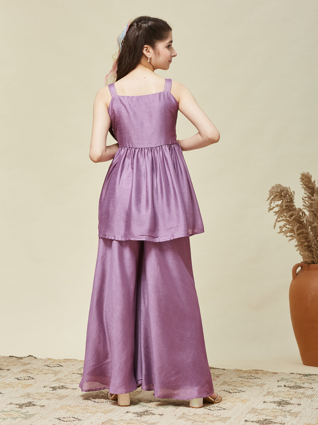 Girls Lavender Silk Embroidered Kurta Plazzo Set