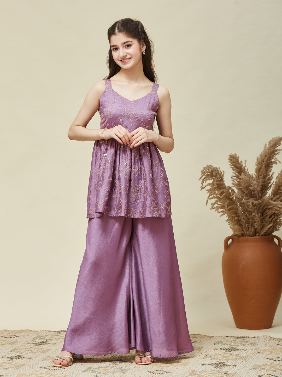 Girls Lavender Silk Embroidered Kurta Plazzo Set
