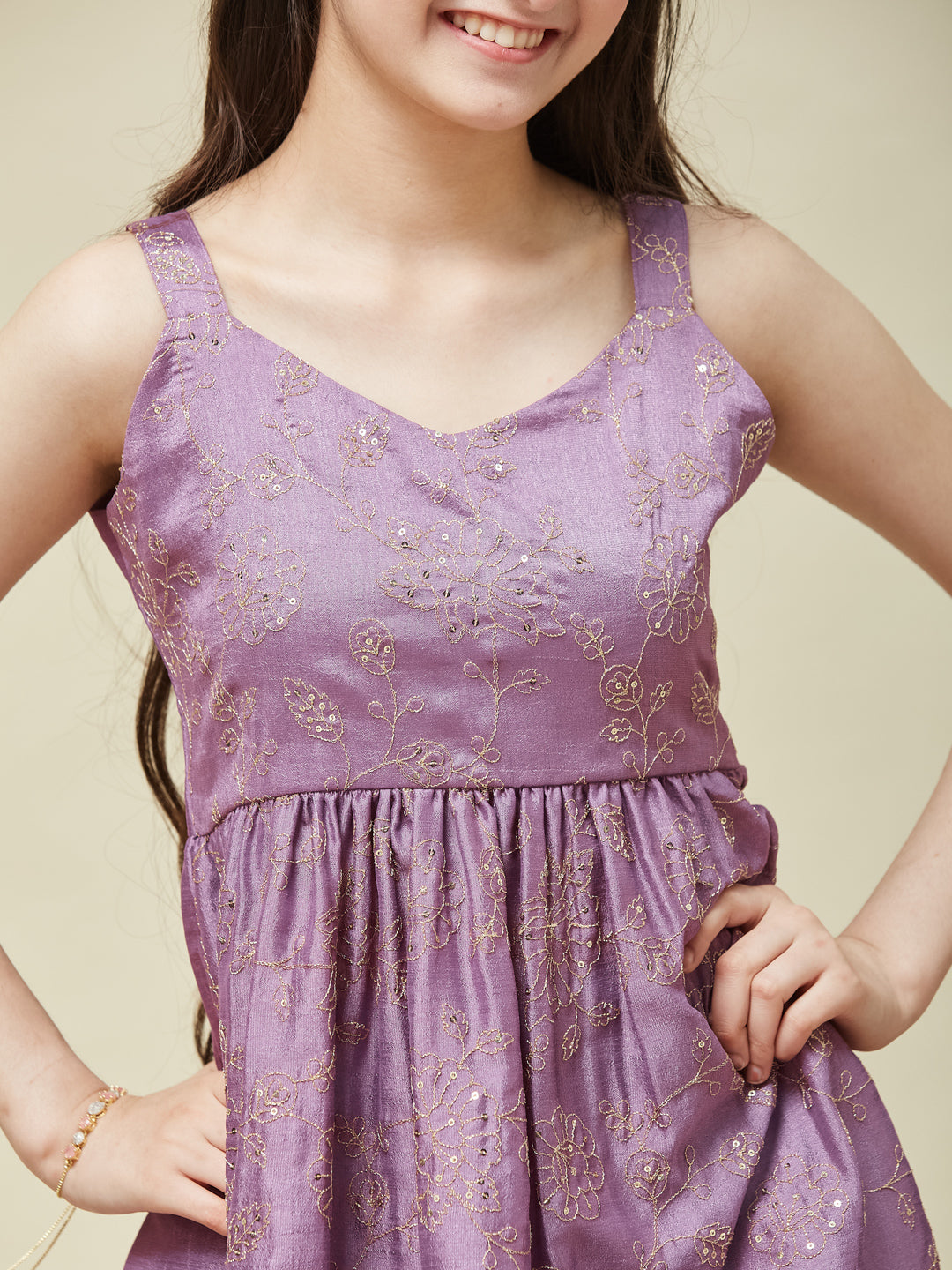 Girls Lavender Silk Embroidered Kurta Plazzo Set