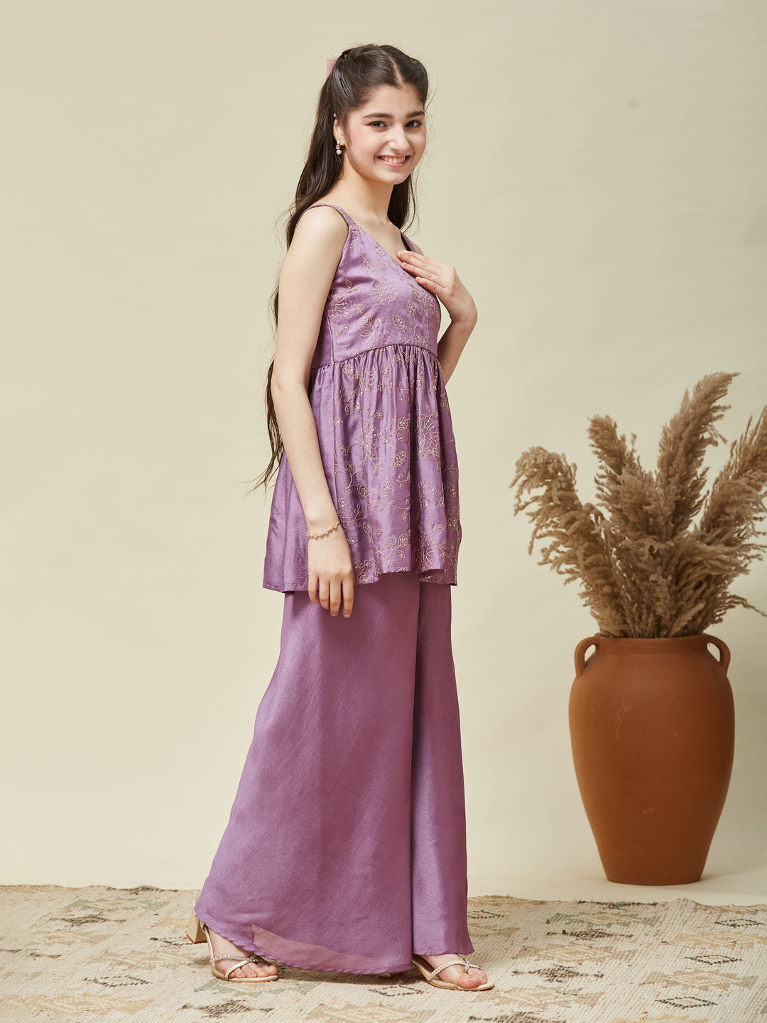 Girls Lavender Silk Embroidered Kurta Plazzo Set