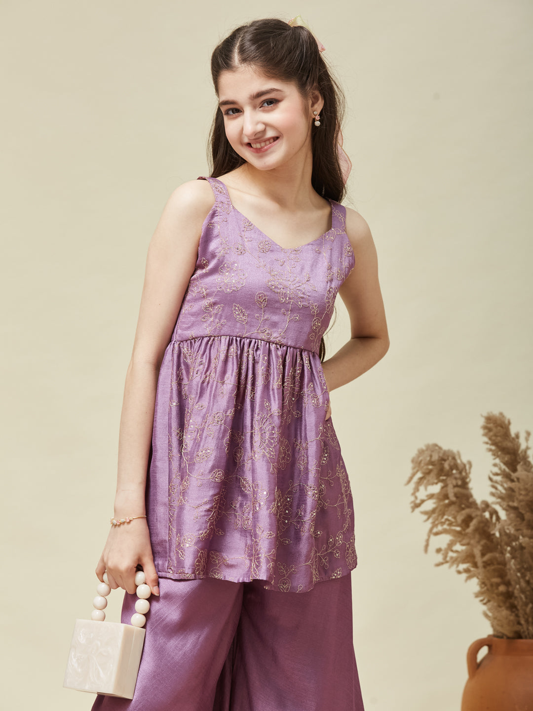 Girls Lavender Silk Embroidered Kurta Plazzo Set