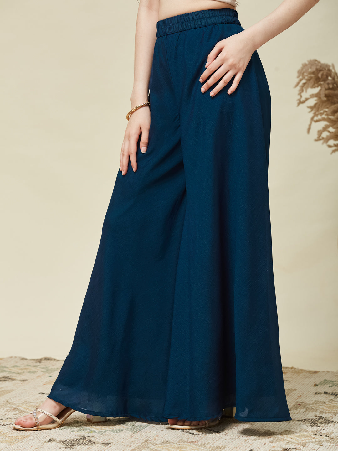 Girls Teal Blue Silk Embroidered Kurta Plazzo Set