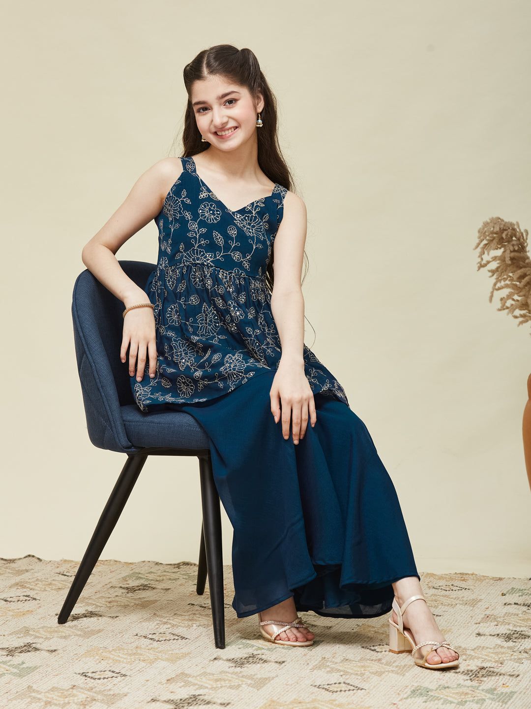 Girls Teal Blue Silk Embroidered Kurta Plazzo Set