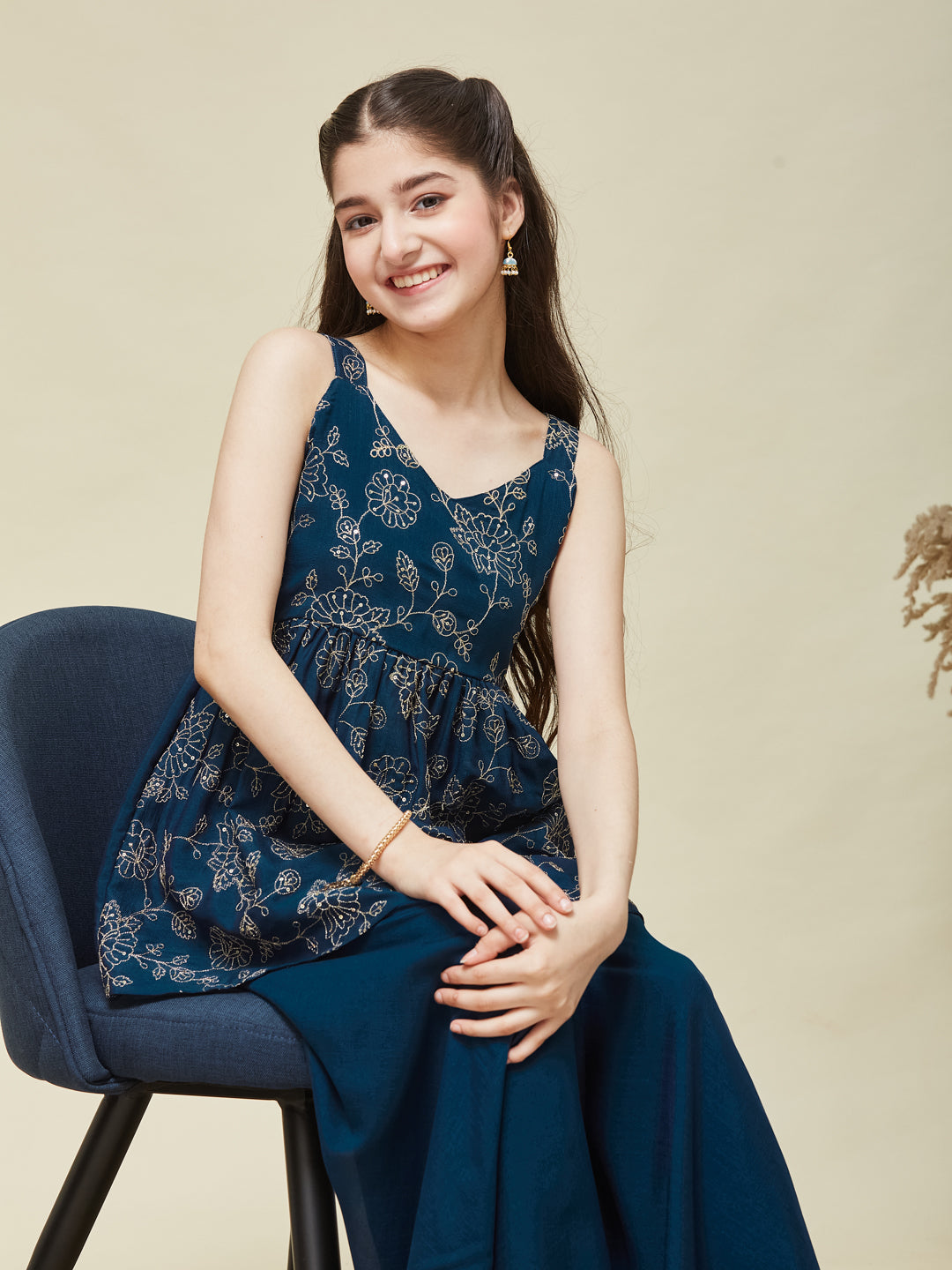 Girls Teal Blue Silk Embroidered Kurta Plazzo Set