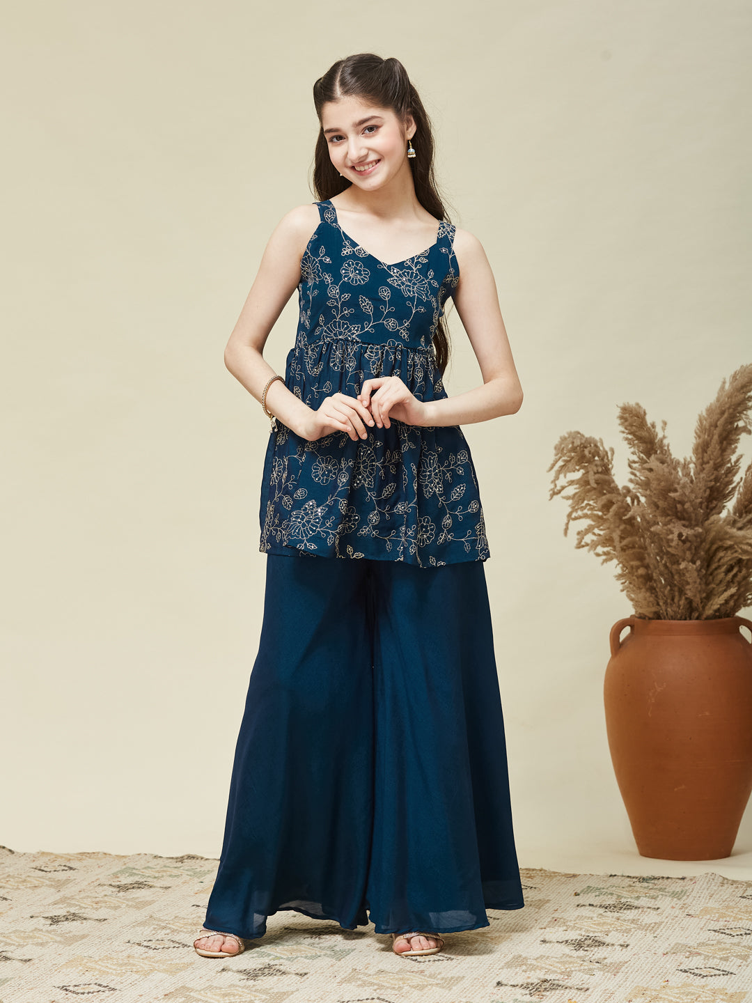 Girls Teal Blue Silk Embroidered Kurta Plazzo Set