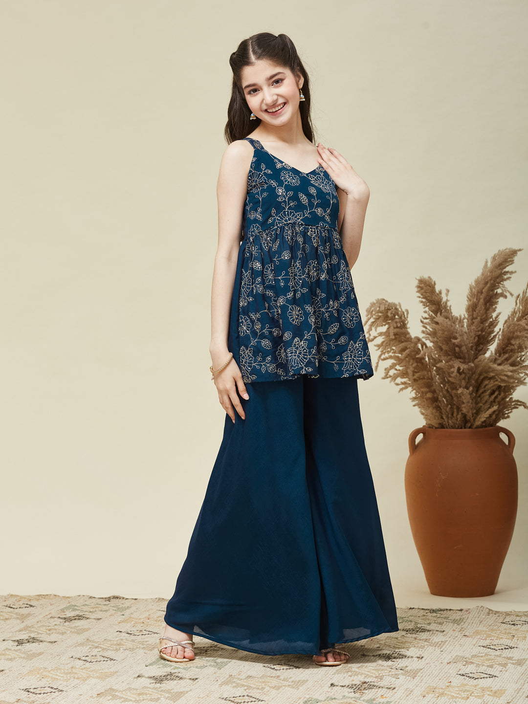 Girls Teal Blue Silk Embroidered Kurta Plazzo Set