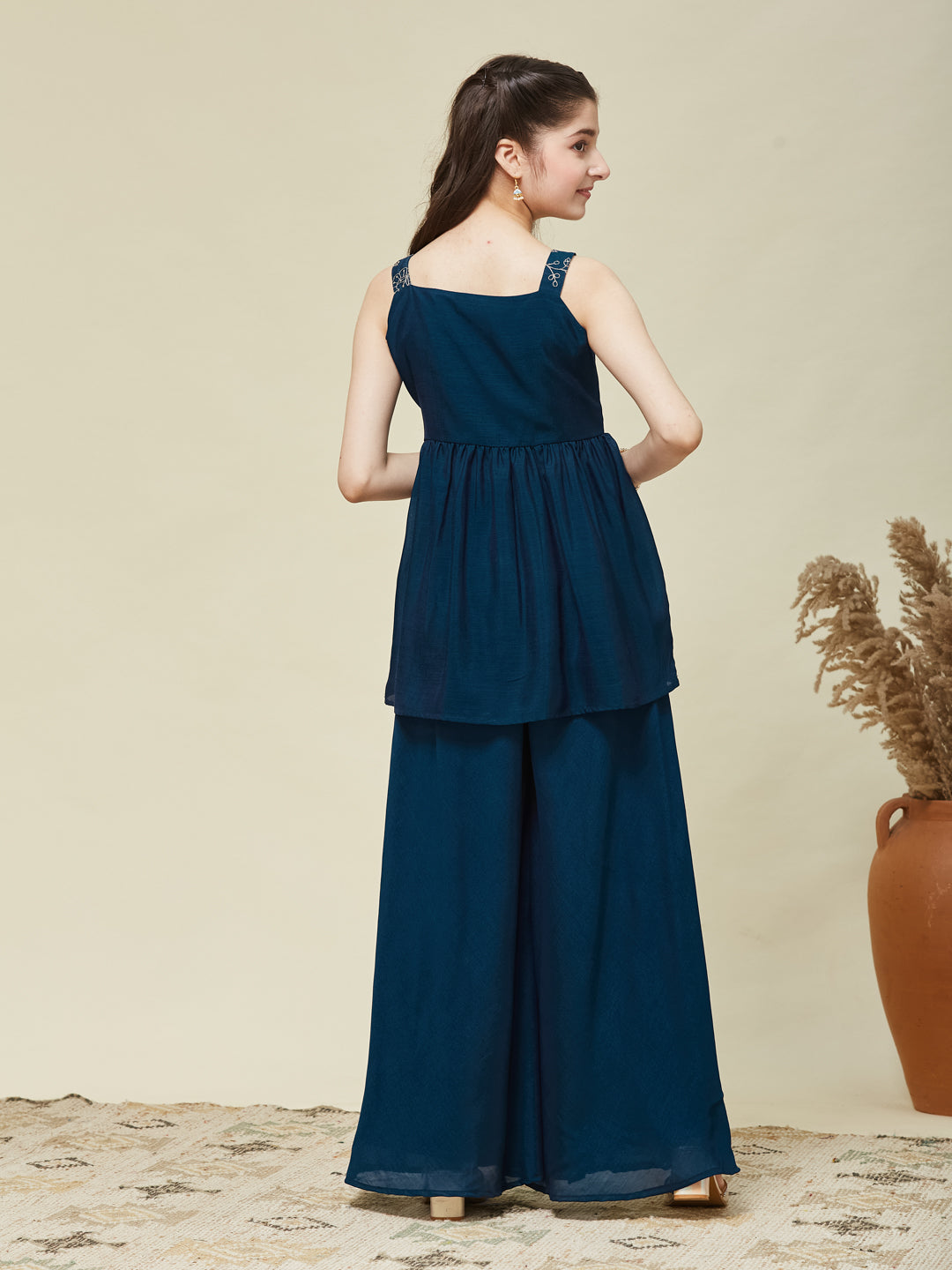 Girls Teal Blue Silk Embroidered Kurta Plazzo Set