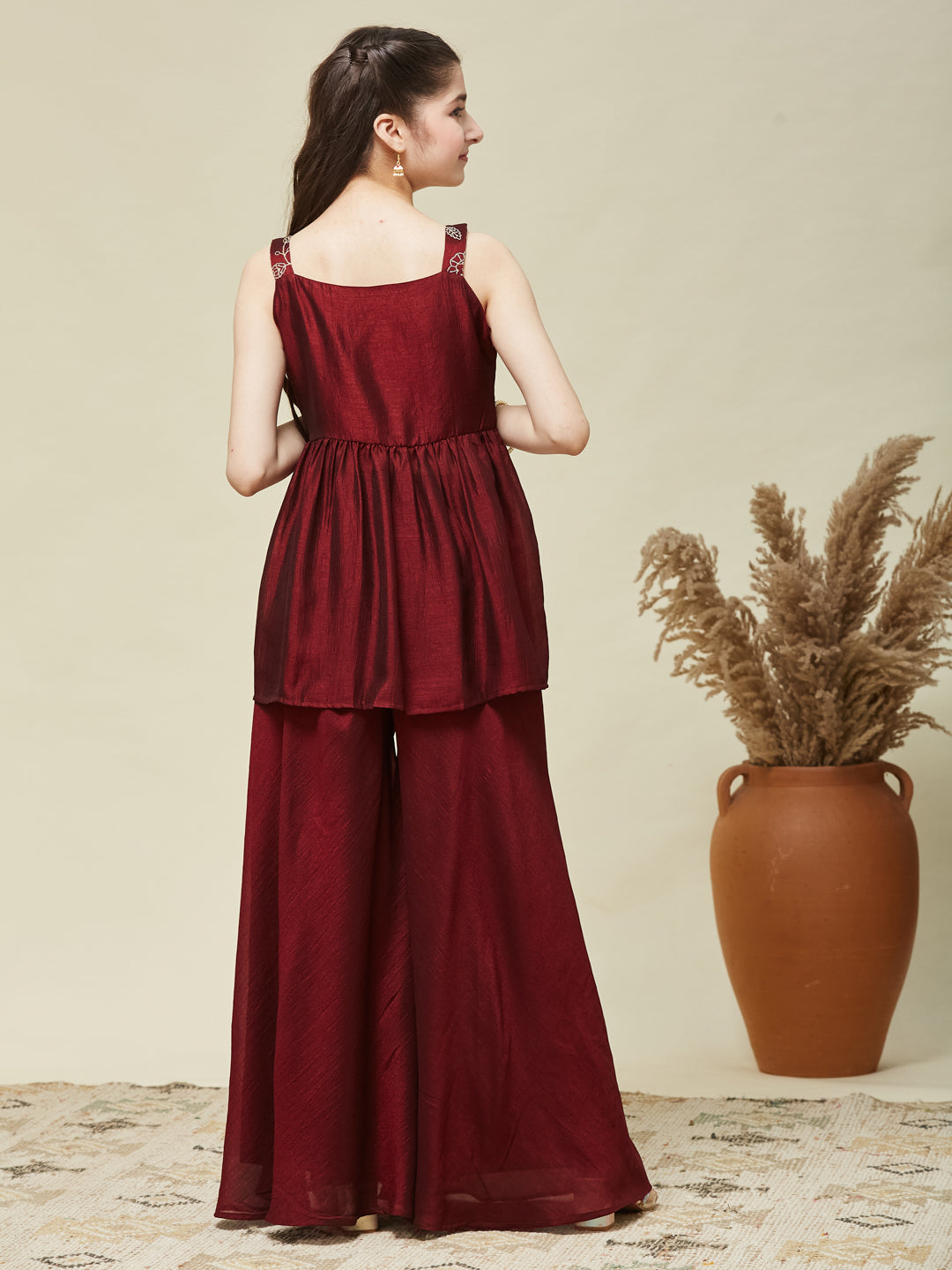 Girls Maroon Silk Embroidered Kurta Plazzo Set