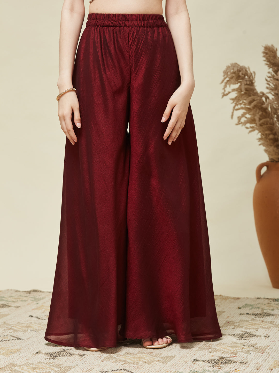Girls Maroon Silk Embroidered Kurta Plazzo Set