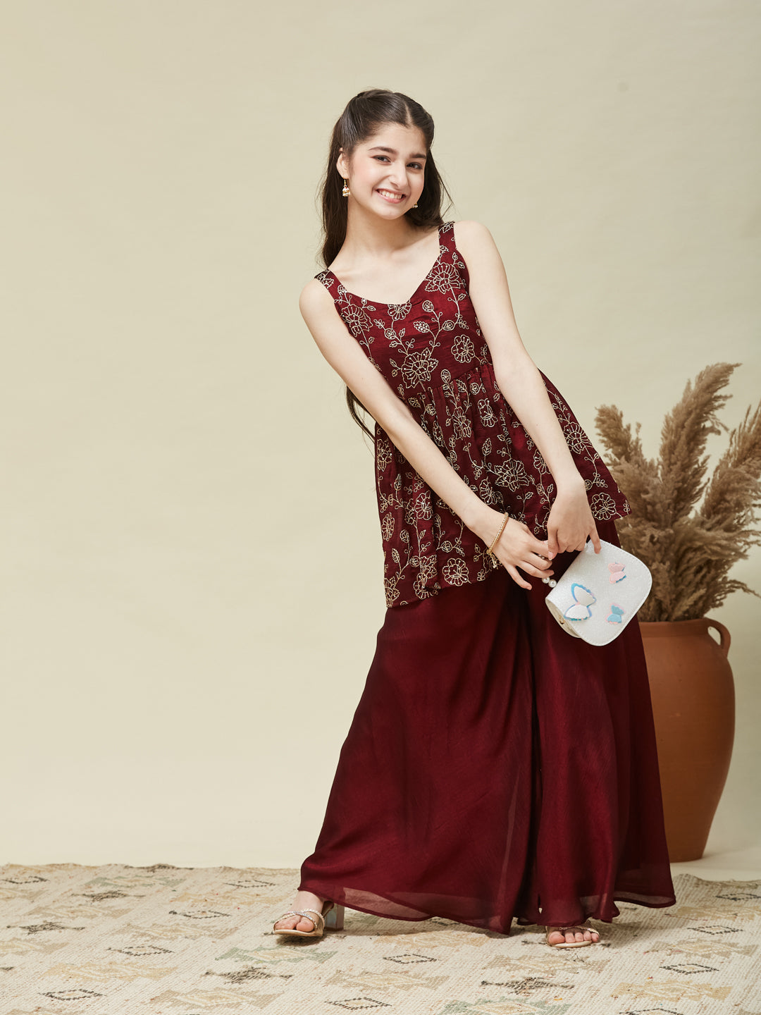 Girls Maroon Silk Embroidered Kurta Plazzo Set