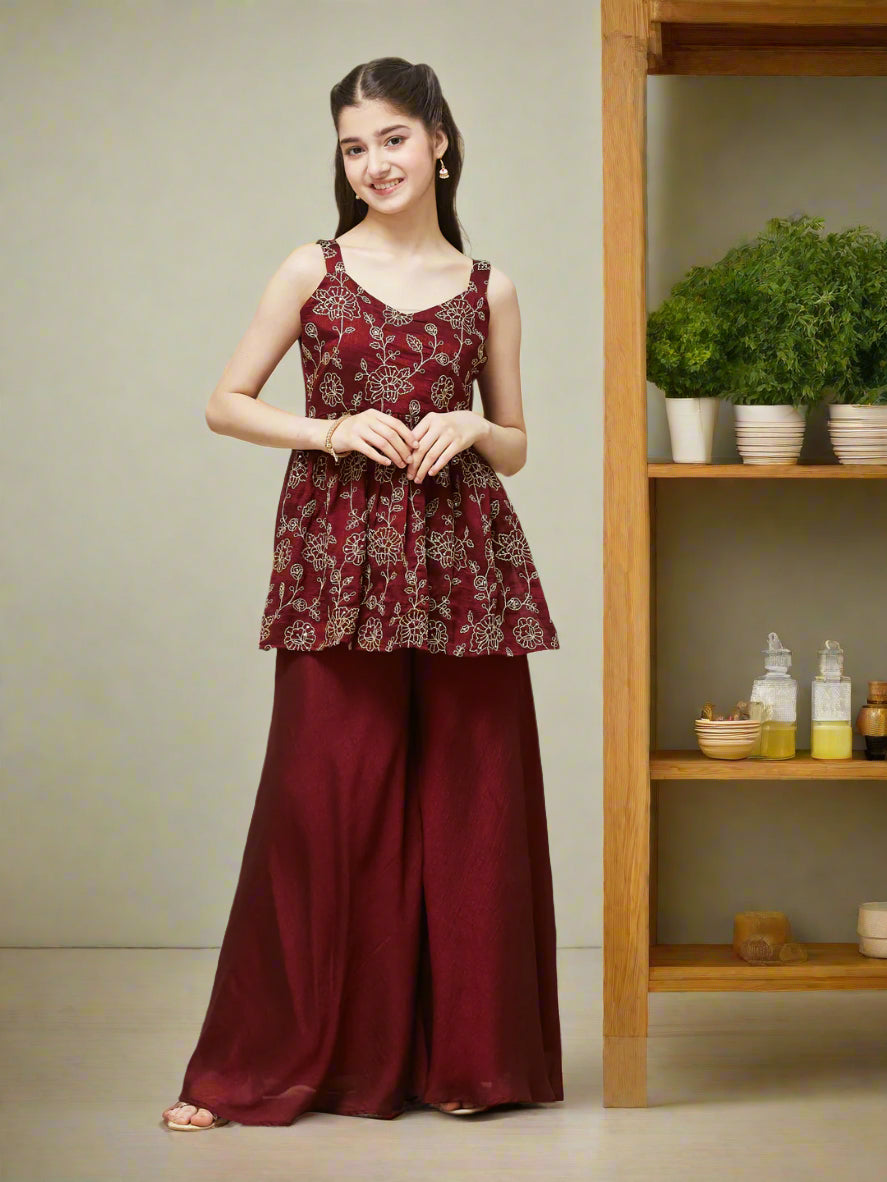 Girls Maroon Silk Embroidered Kurta Plazzo Set