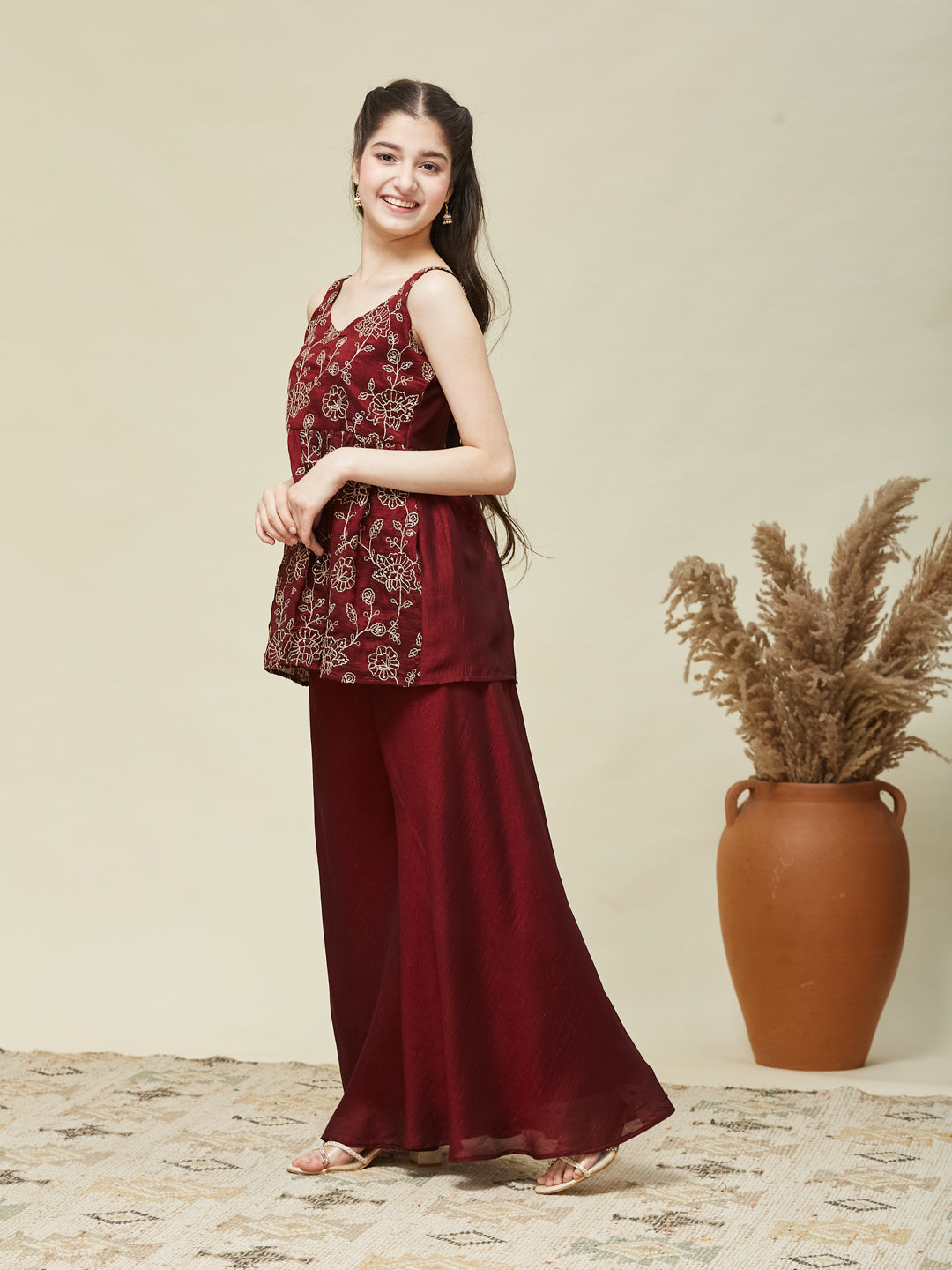 Girls Maroon Silk Embroidered Kurta Plazzo Set