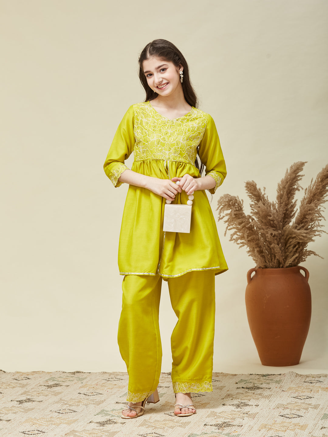 Girl's Neon Chinon Embroidered Kurta plazzo set