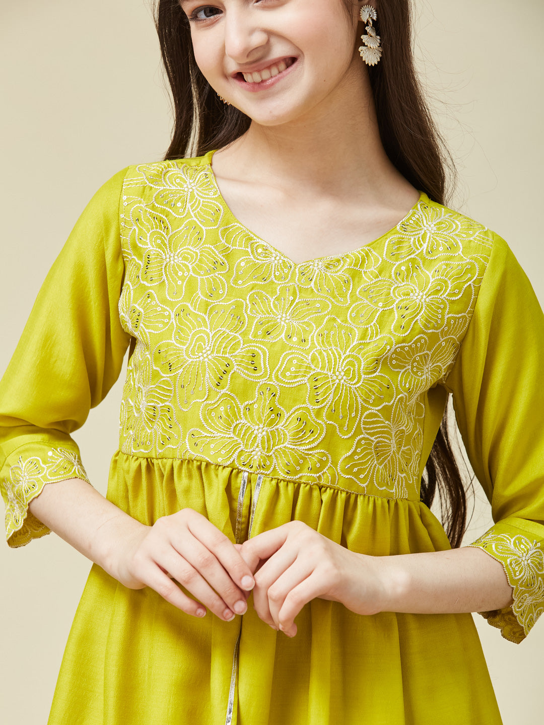Girl's Neon Chinon Embroidered Kurta plazzo set