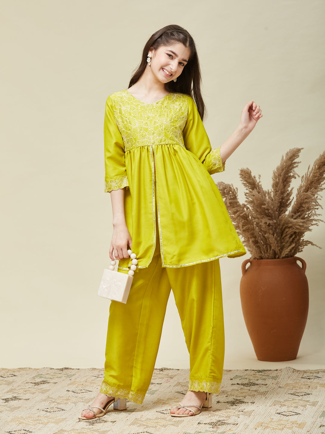 Girl's Neon Chinon Embroidered Kurta plazzo set