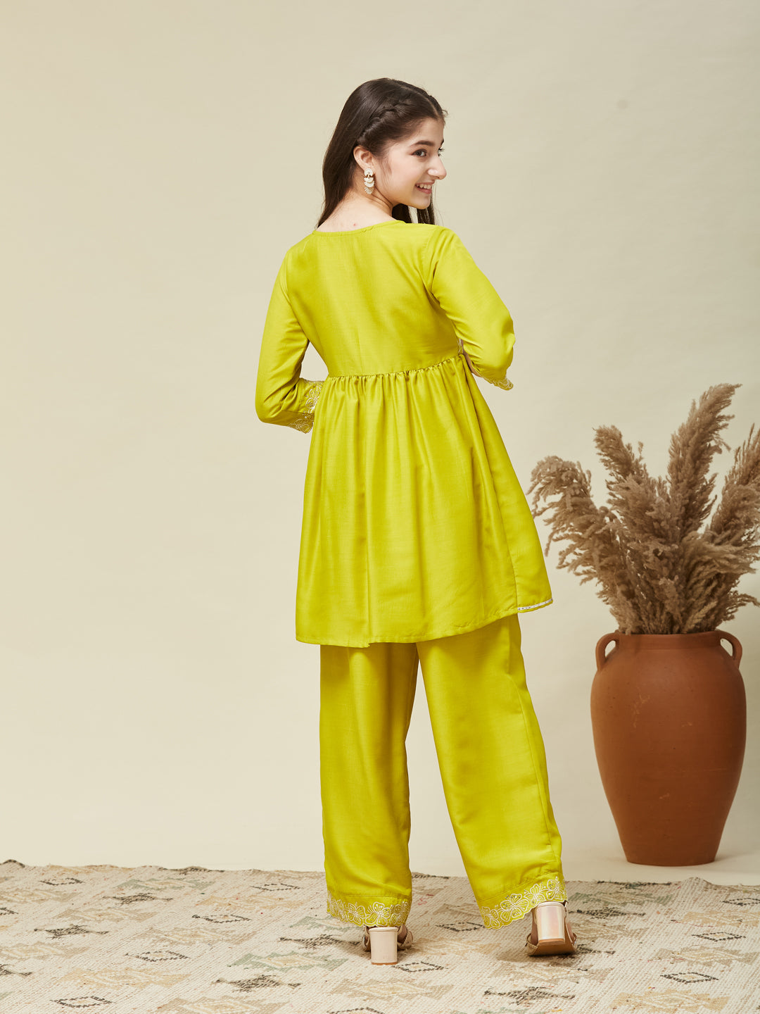 Girl's Neon Chinon Embroidered Kurta plazzo set