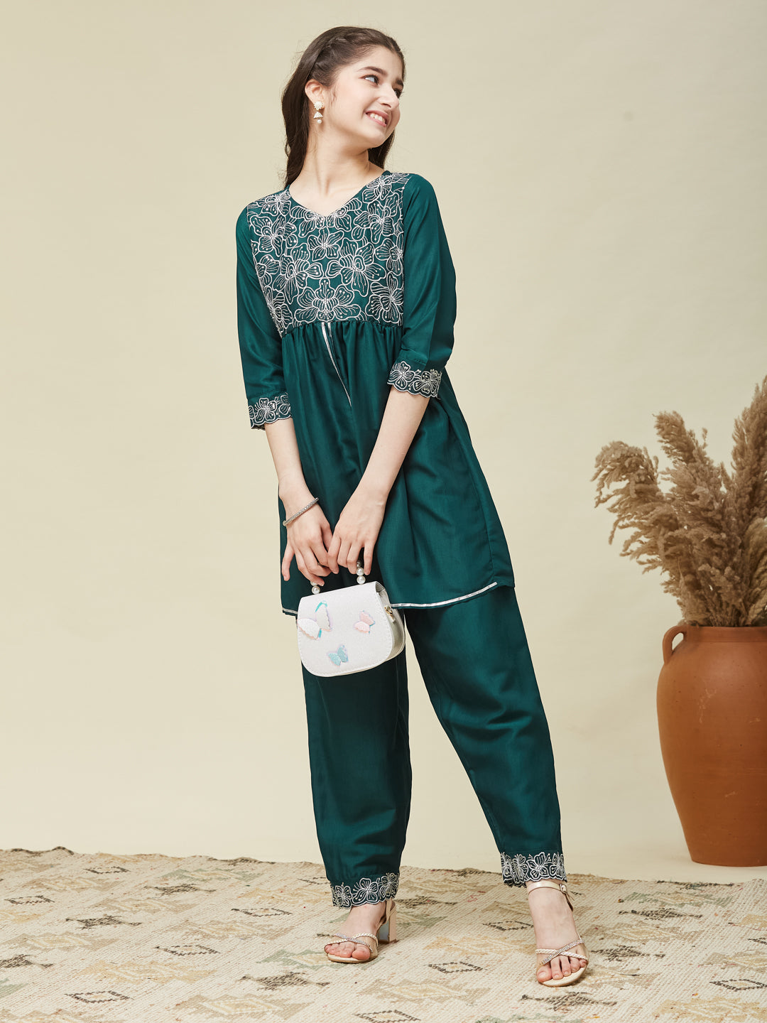 Girl's Bottol Green Chinon Embroidered Kurta plazzo set