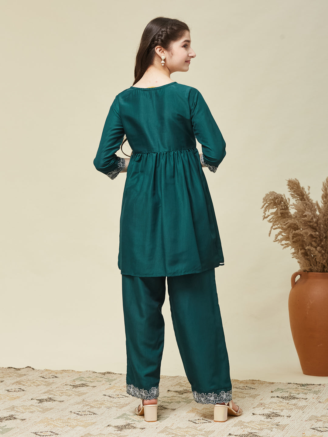 Girl's Bottol Green Chinon Embroidered Kurta plazzo set