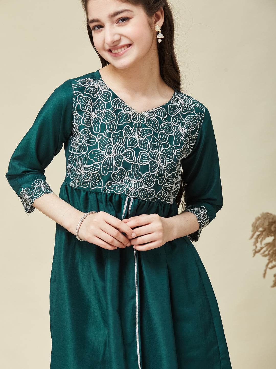Girl's Bottol Green Chinon Embroidered Kurta plazzo set