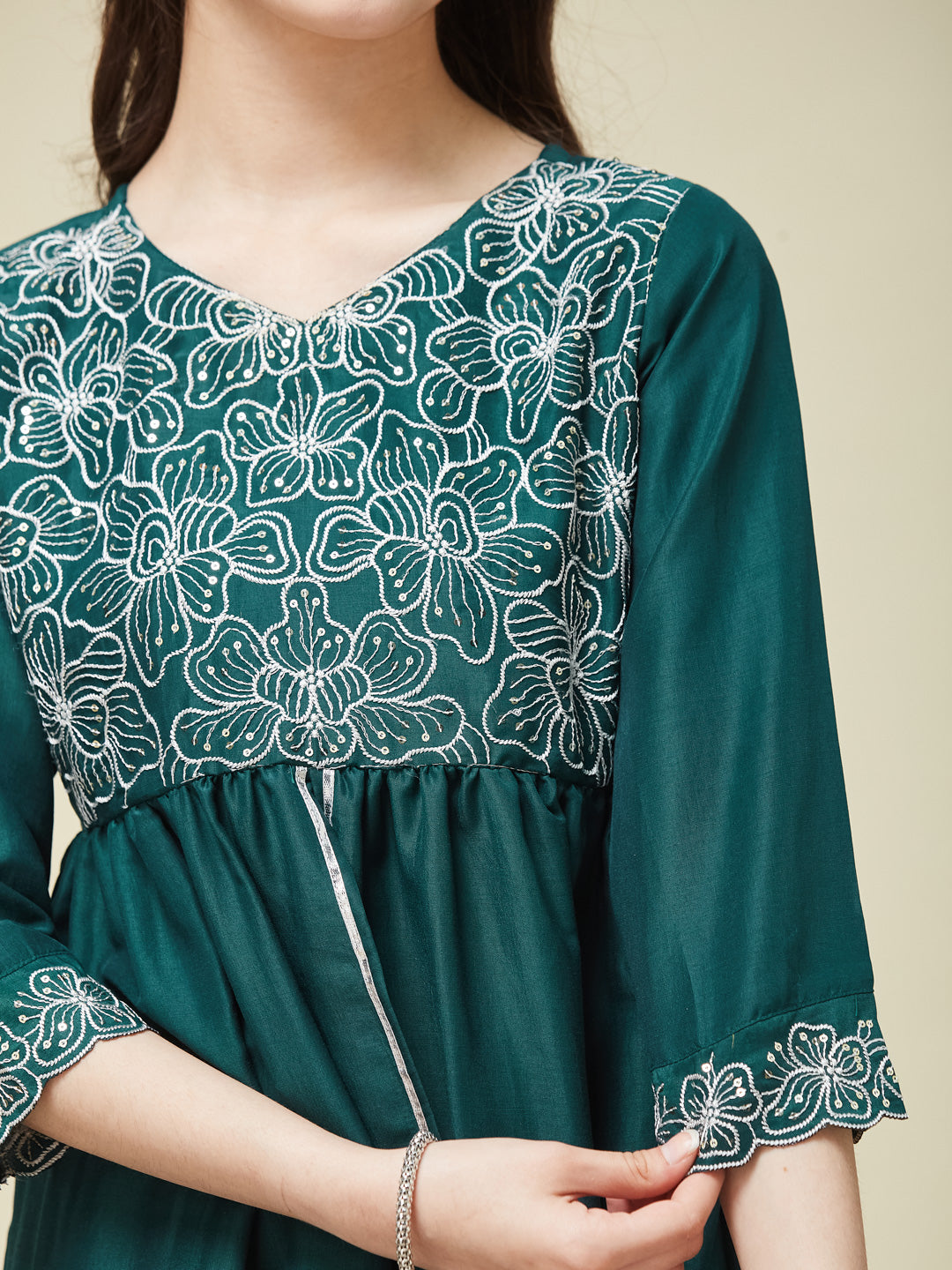 Girl's Bottol Green Chinon Embroidered Kurta plazzo set