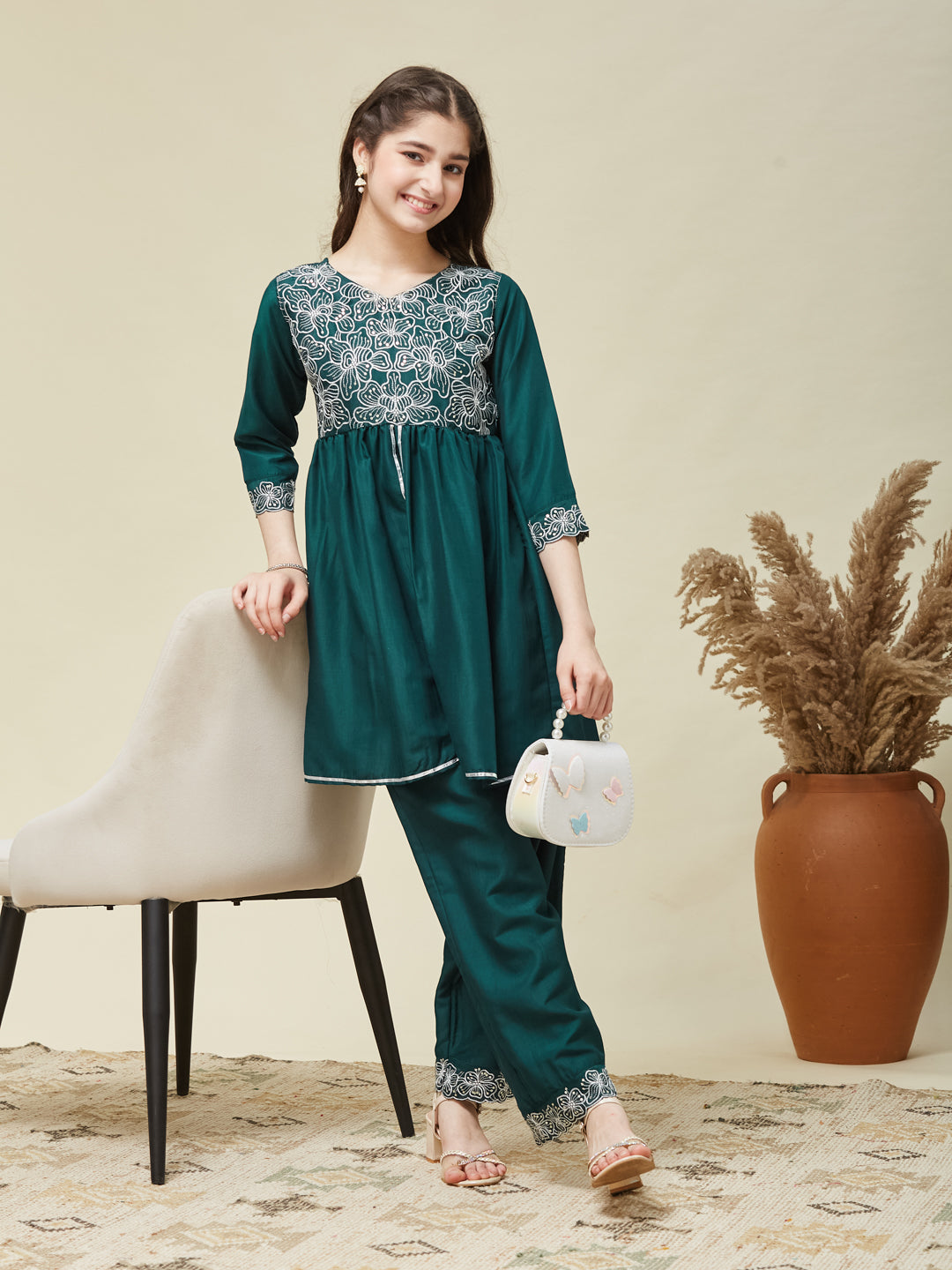 Girl's Bottol Green Chinon Embroidered Kurta plazzo set