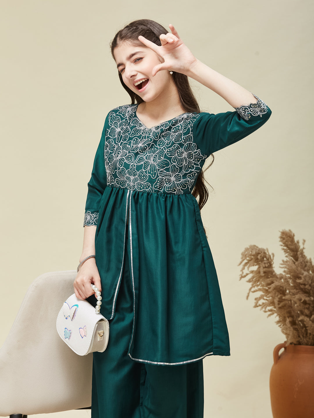 Girl's Bottol Green Chinon Embroidered Kurta plazzo set