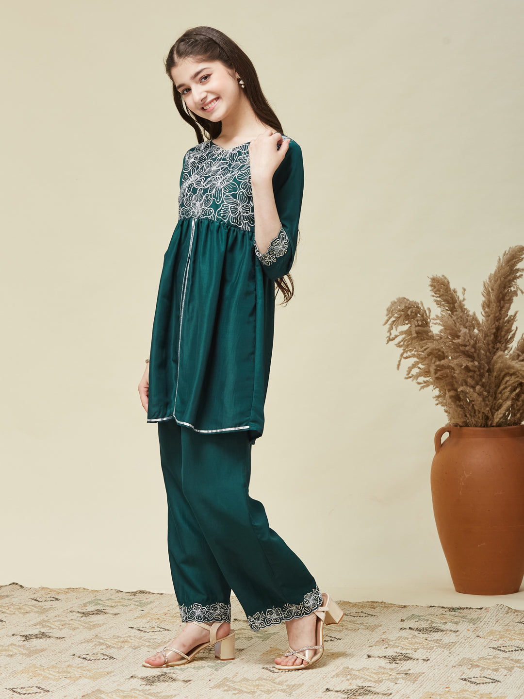 Girl's Bottol Green Chinon Embroidered Kurta plazzo set