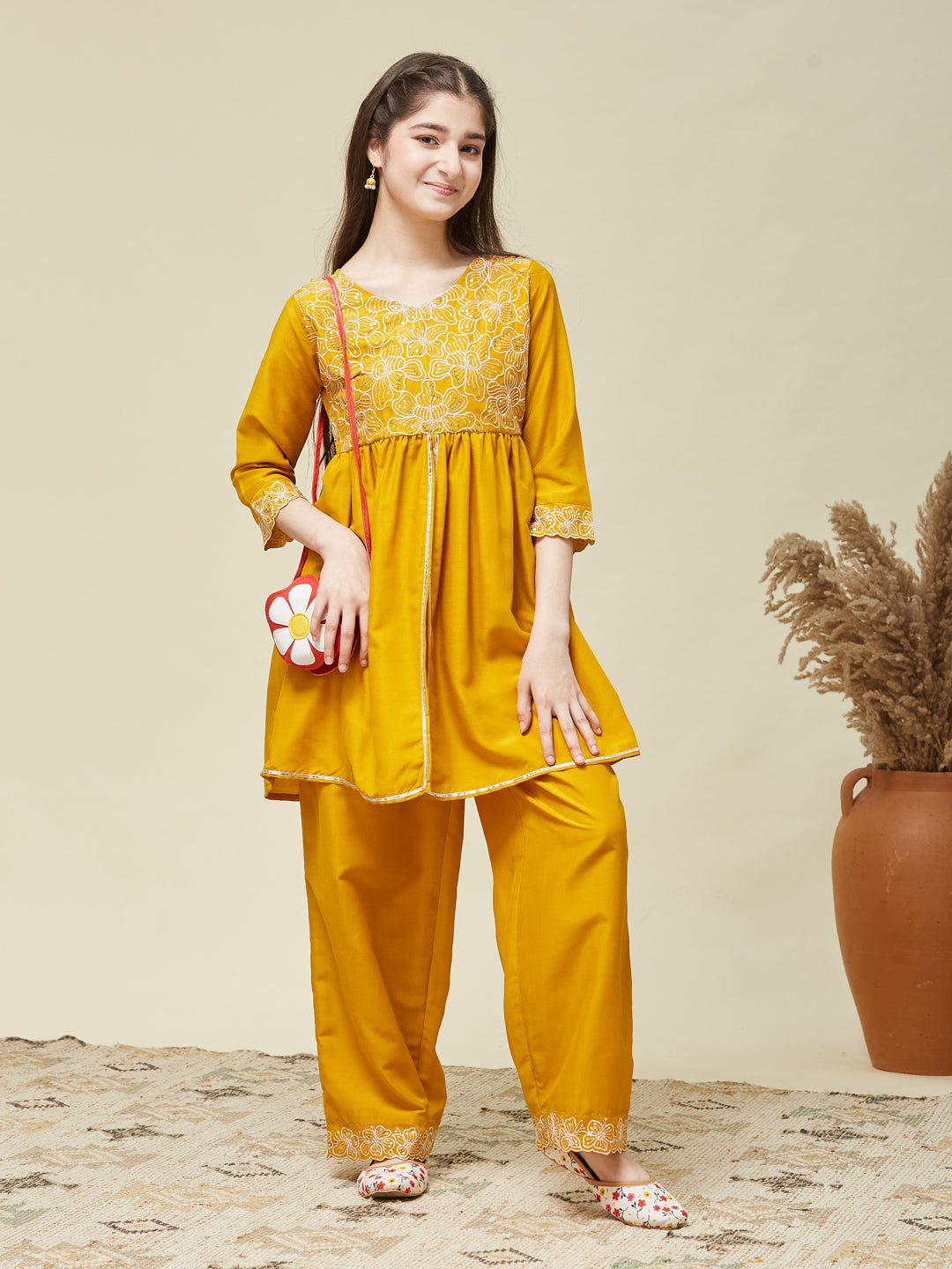 Girl's Mustard Chinon Embroidered Kurta plazzo set