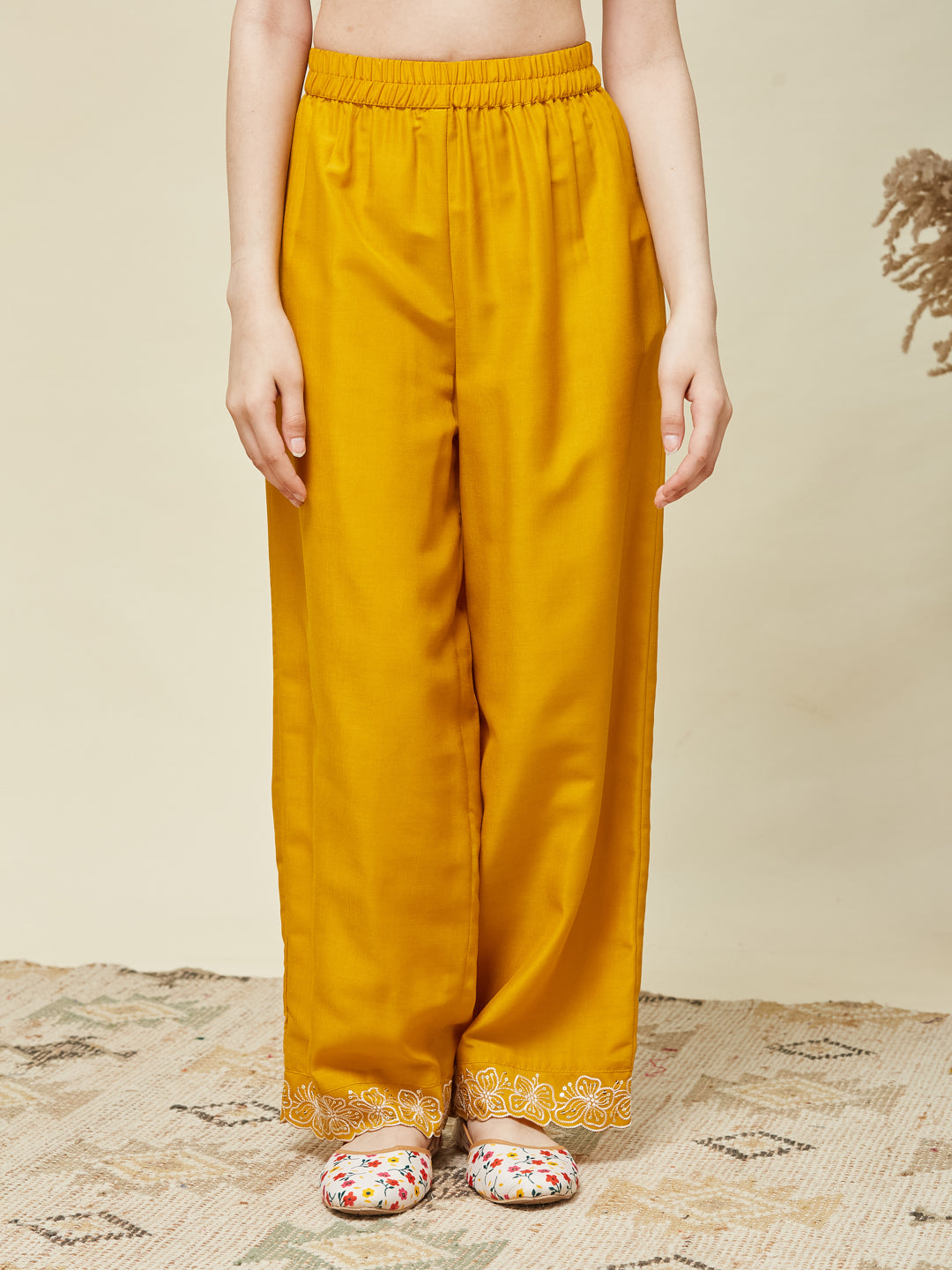 Girl's Mustard Chinon Embroidered Kurta plazzo set