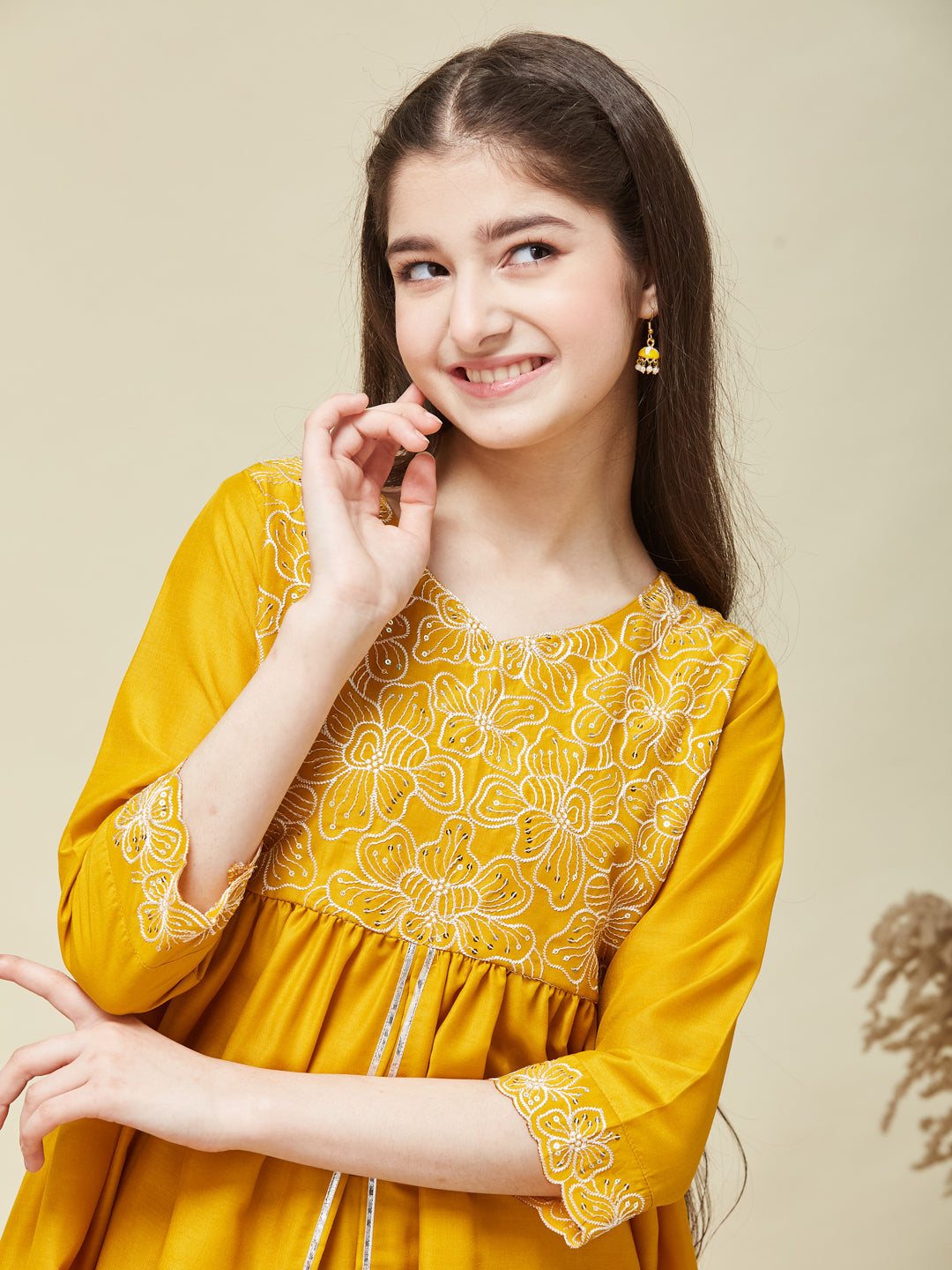 Girl's Mustard Chinon Embroidered Kurta plazzo set