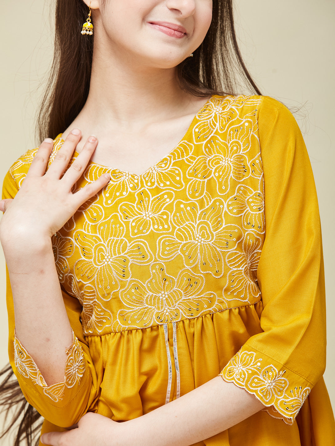 Girl's Mustard Chinon Embroidered Kurta plazzo set