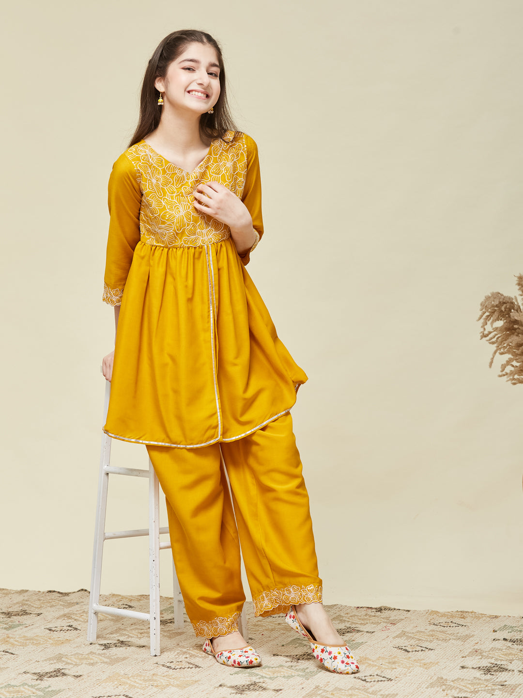 Girl's Mustard Chinon Embroidered Kurta plazzo set