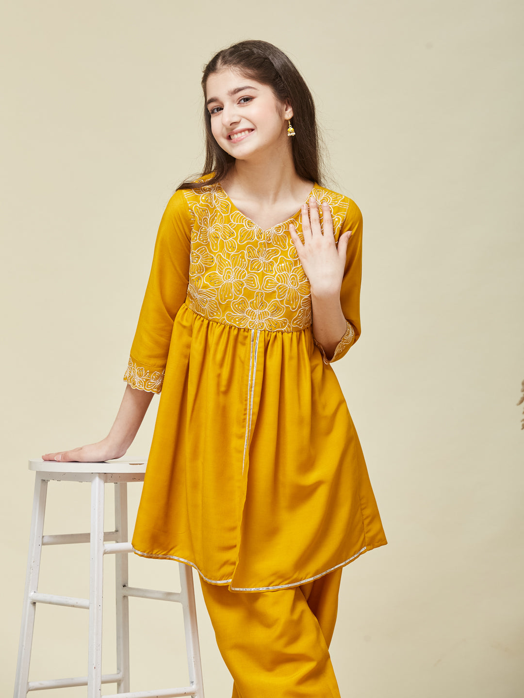Girl's Mustard Chinon Embroidered Kurta plazzo set