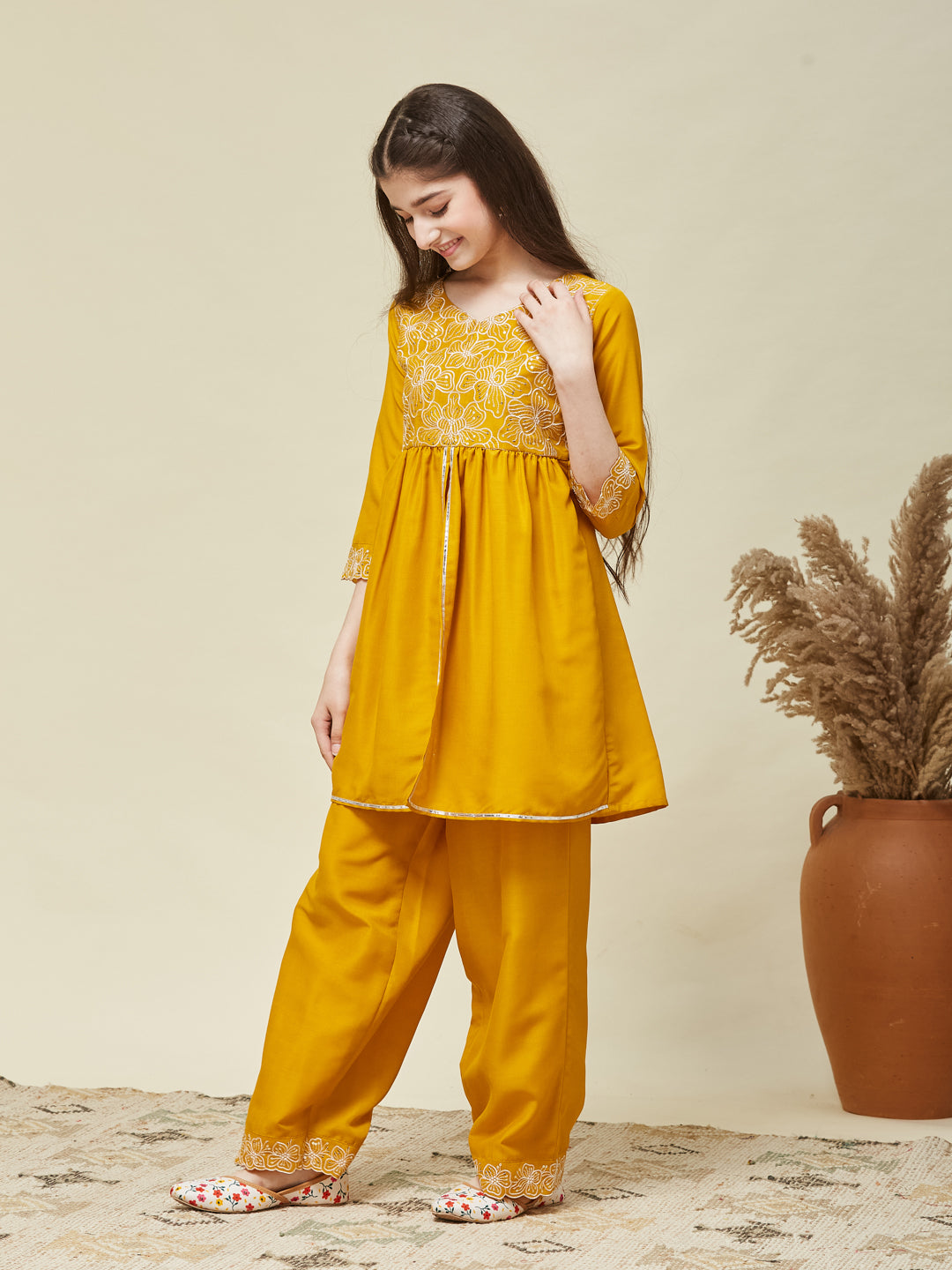 Girl's Mustard Chinon Embroidered Kurta plazzo set