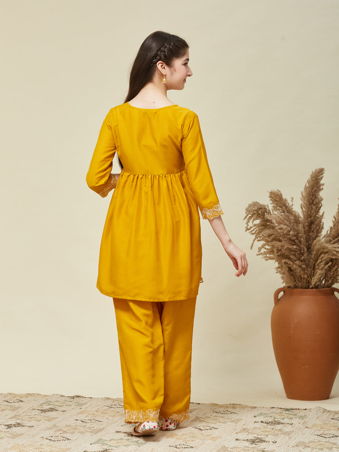 Girl's Mustard Chinon Embroidered Kurta plazzo set