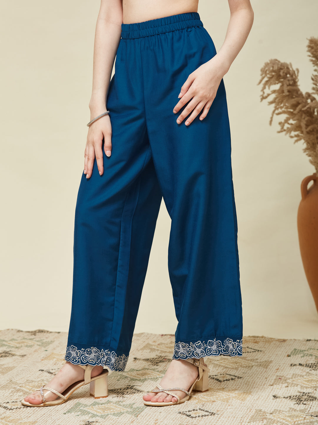 Girl's Teal Blue Chinon Embroidered Kurta plazzo set