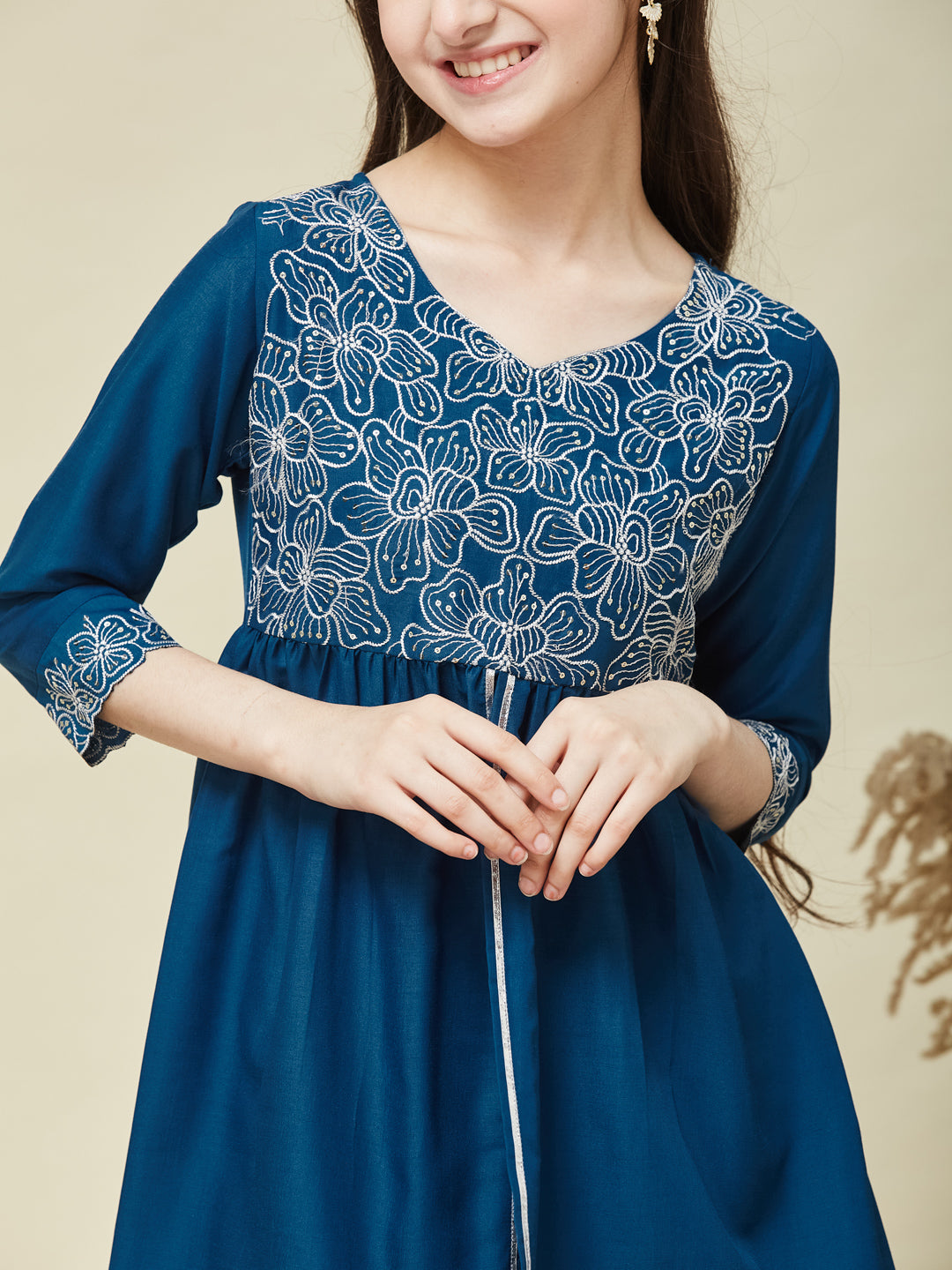 Girl's Teal Blue Chinon Embroidered Kurta plazzo set