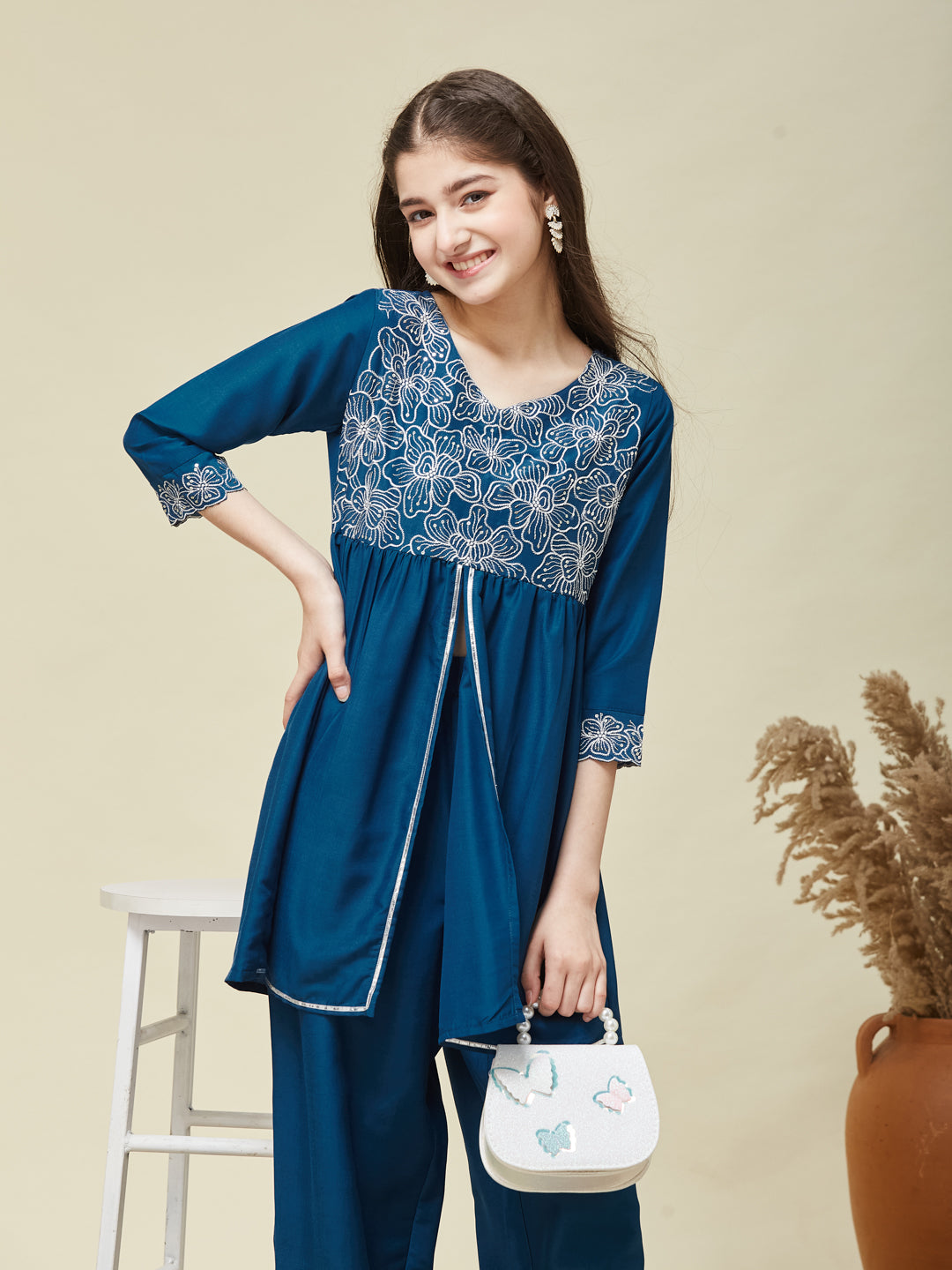 Girl's Teal Blue Chinon Embroidered Kurta plazzo set