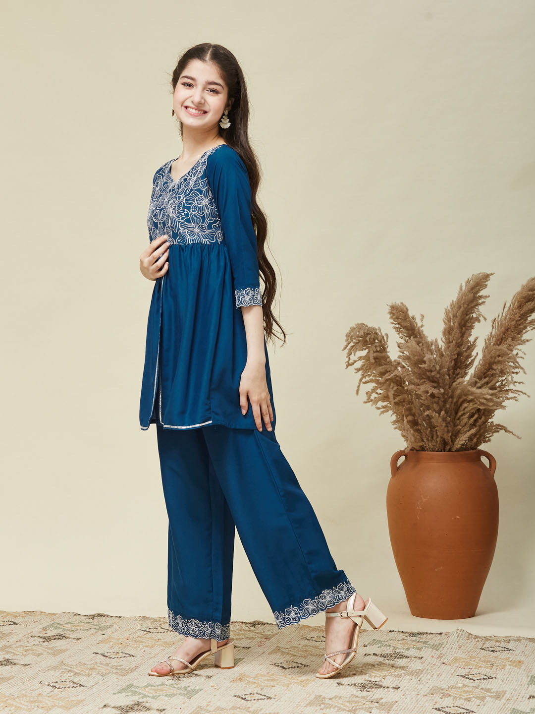 Girl's Teal Blue Chinon Embroidered Kurta plazzo set