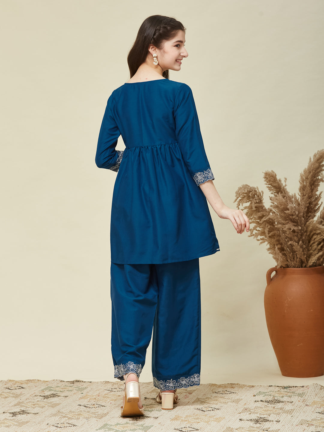 Girl's Teal Blue Chinon Embroidered Kurta plazzo set