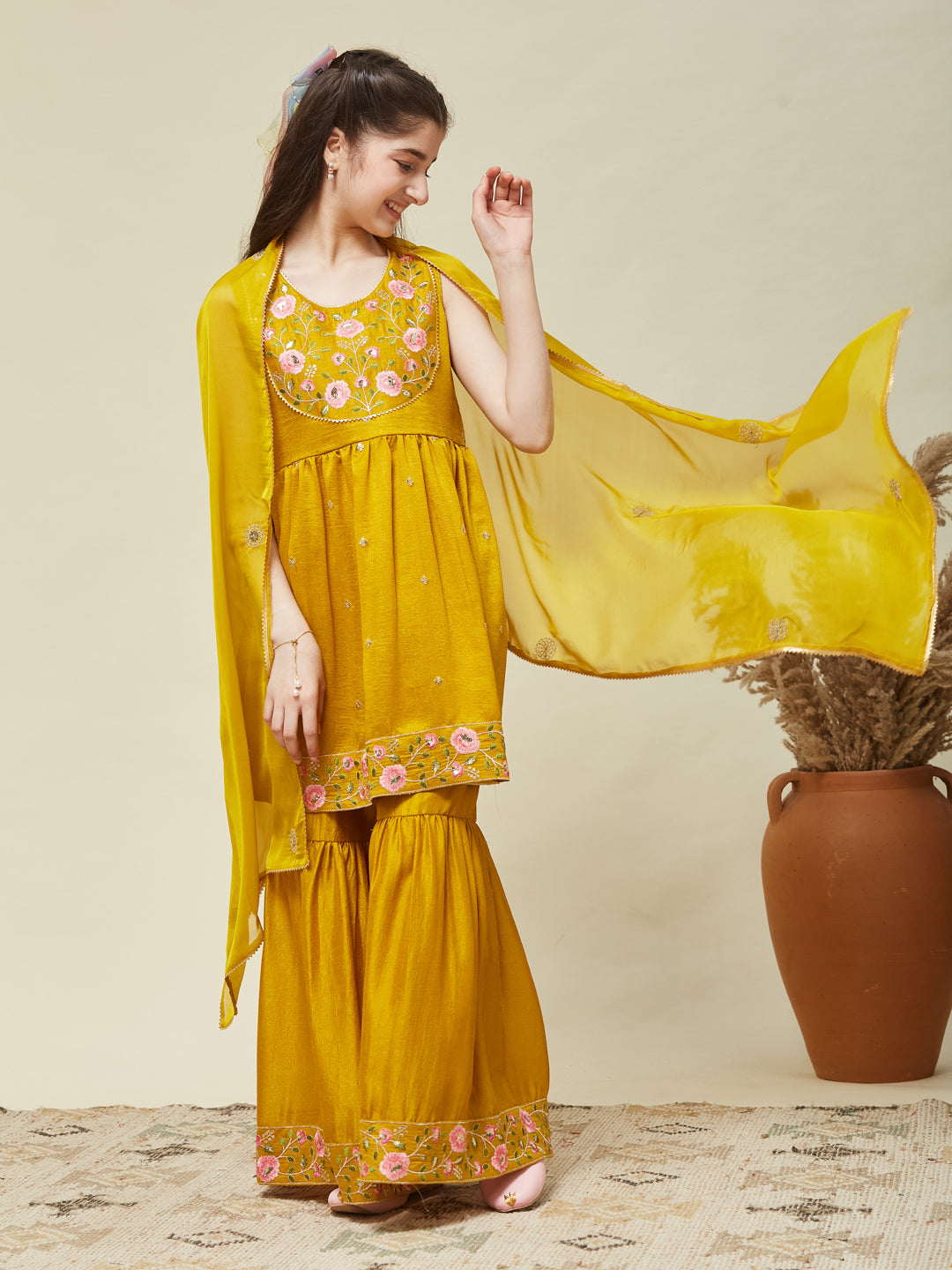 Girl's Mustard Silk Embroidered Sharara Set With Dupatta