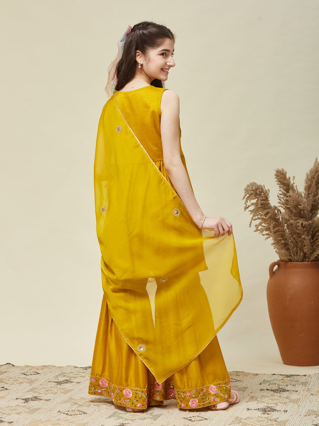 Girl's Mustard Silk Embroidered Sharara Set With Dupatta