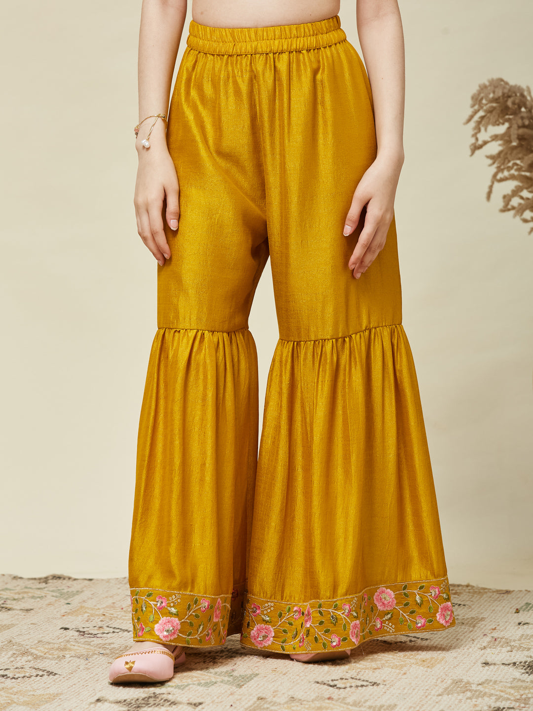 Girl's Mustard Silk Embroidered Sharara Set With Dupatta