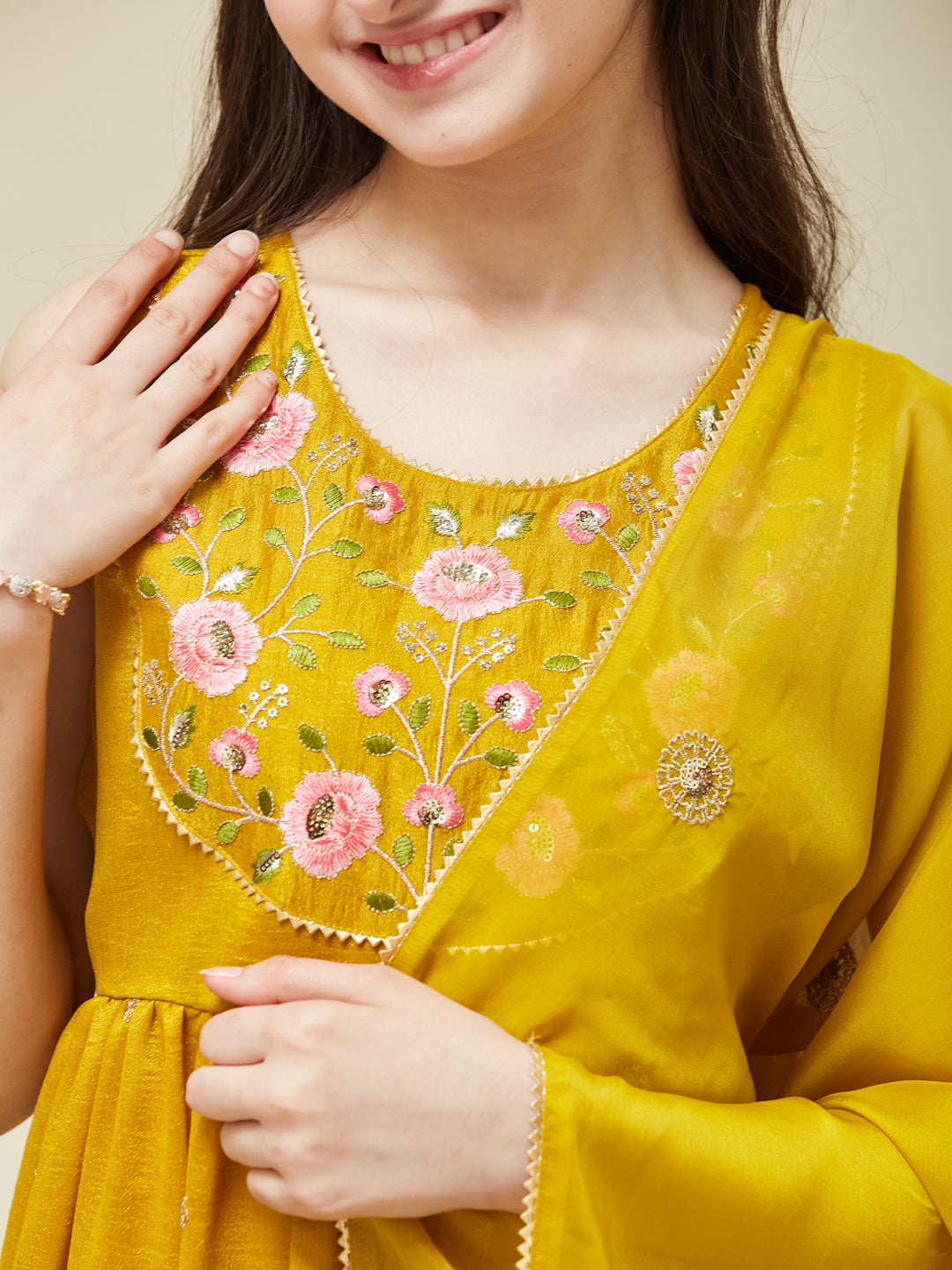 Girl's Mustard Silk Embroidered Sharara Set With Dupatta