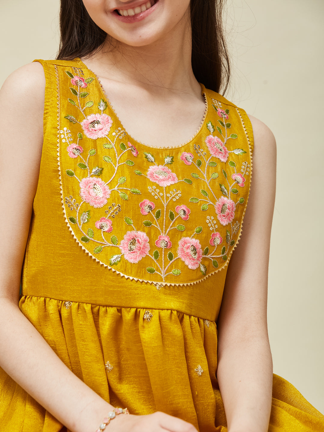 Girl's Mustard Silk Embroidered Sharara Set With Dupatta